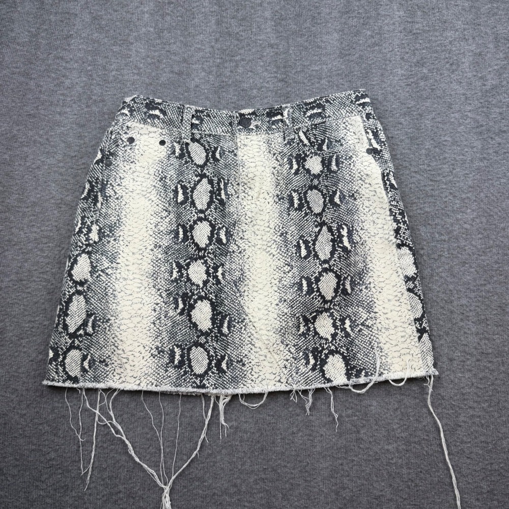 Carole Christian Snakeskin Denim Mini Skirt Womens Size M Black White Frayed Hem
